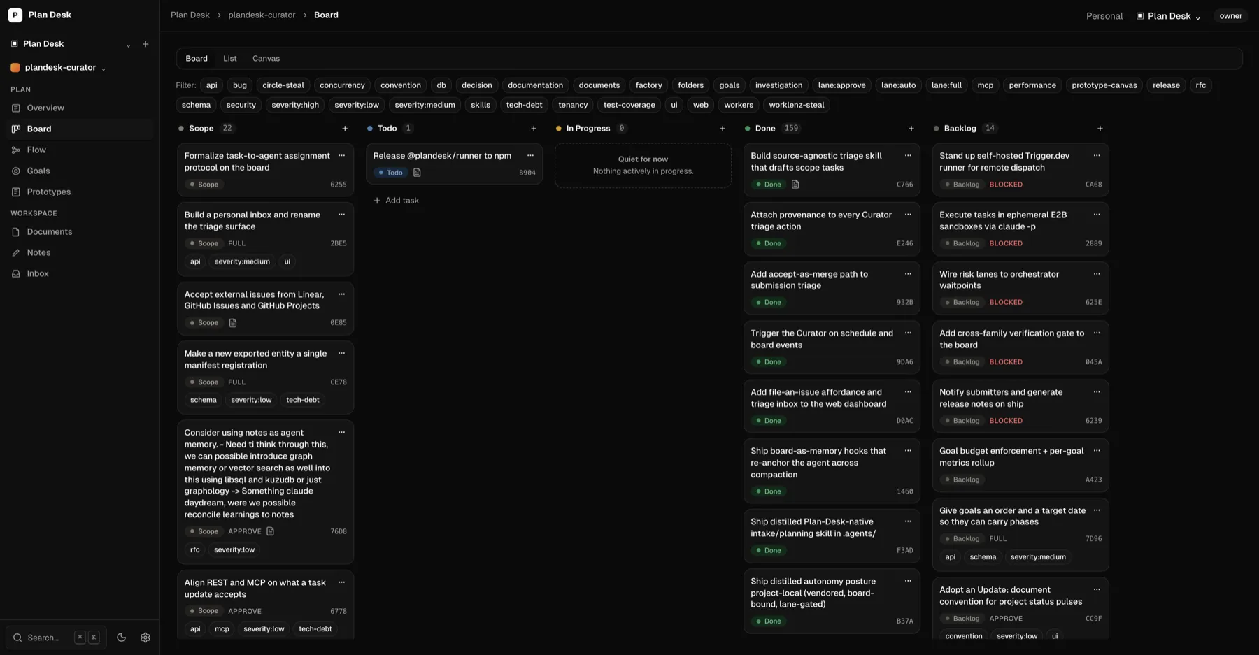 A Plan Desk board with tasks across Scope, Todo, In Progress and Done columns